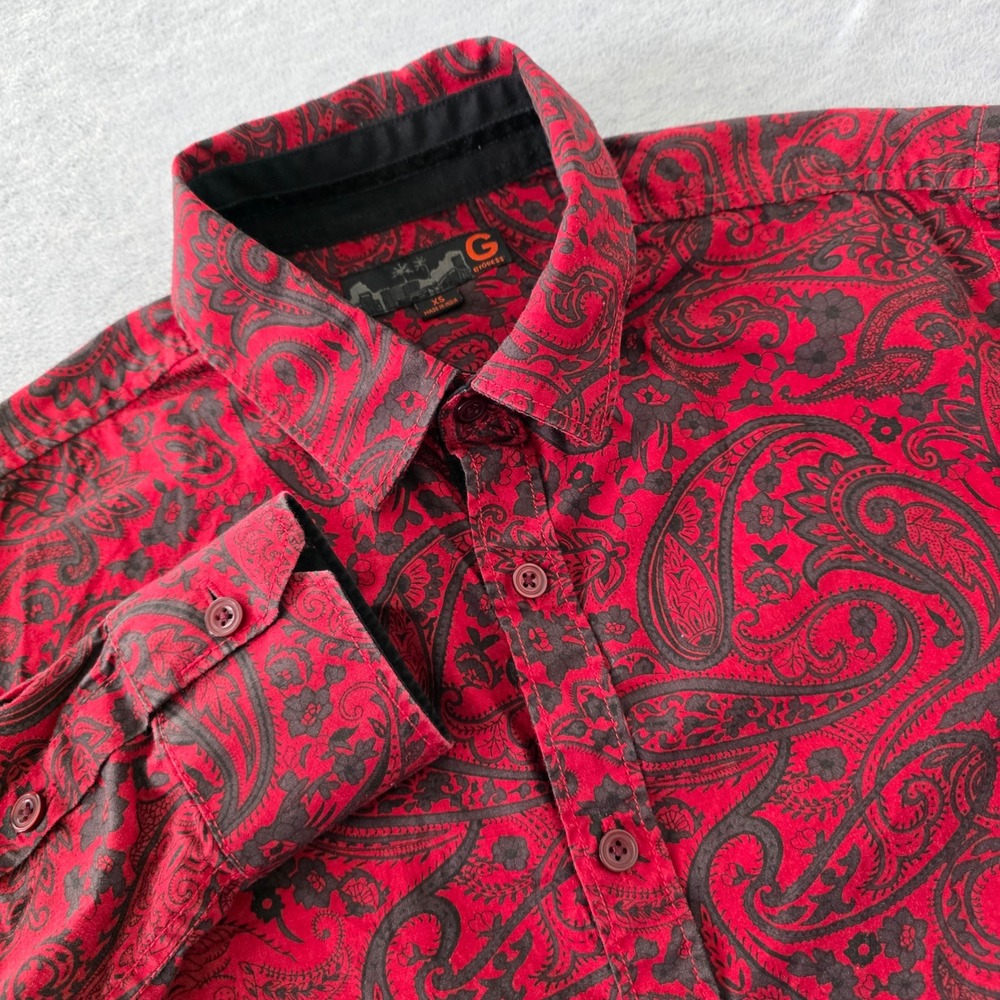G by GUESS Mens Red Black Paisley Long Sleeve Button Down Shirt XS